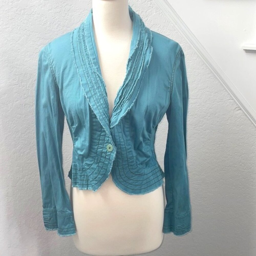 Renfrew Collection blue boho blazer jacket with frayed/unfinished edging.